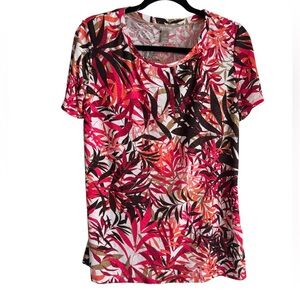 White‎ Stag Red and Black Leaf Print Short Sleeve Top